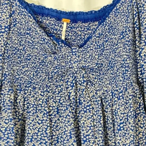 Free People Brittnee Printed Smocked-Back Peplum Top – Blue Floral – Size S - Picture 7 of 7